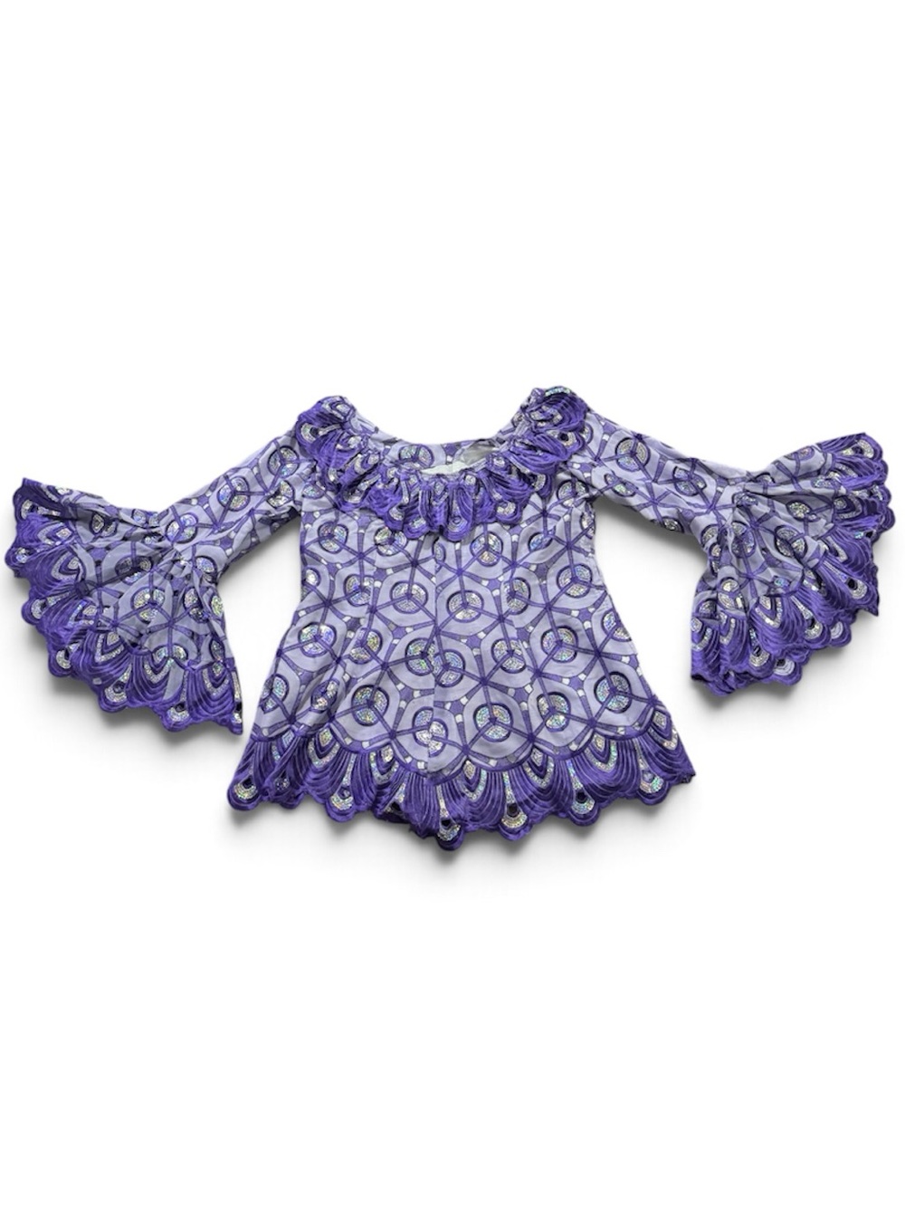 Purple African Lace Top | Bell Sleeve | Ruffle Neck